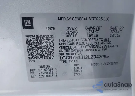 2020 Chevrolet Silverado 1500 4Wd Standard Bed Custom из США, поврежденный, VIN 1GCRYBEH2LZ347095